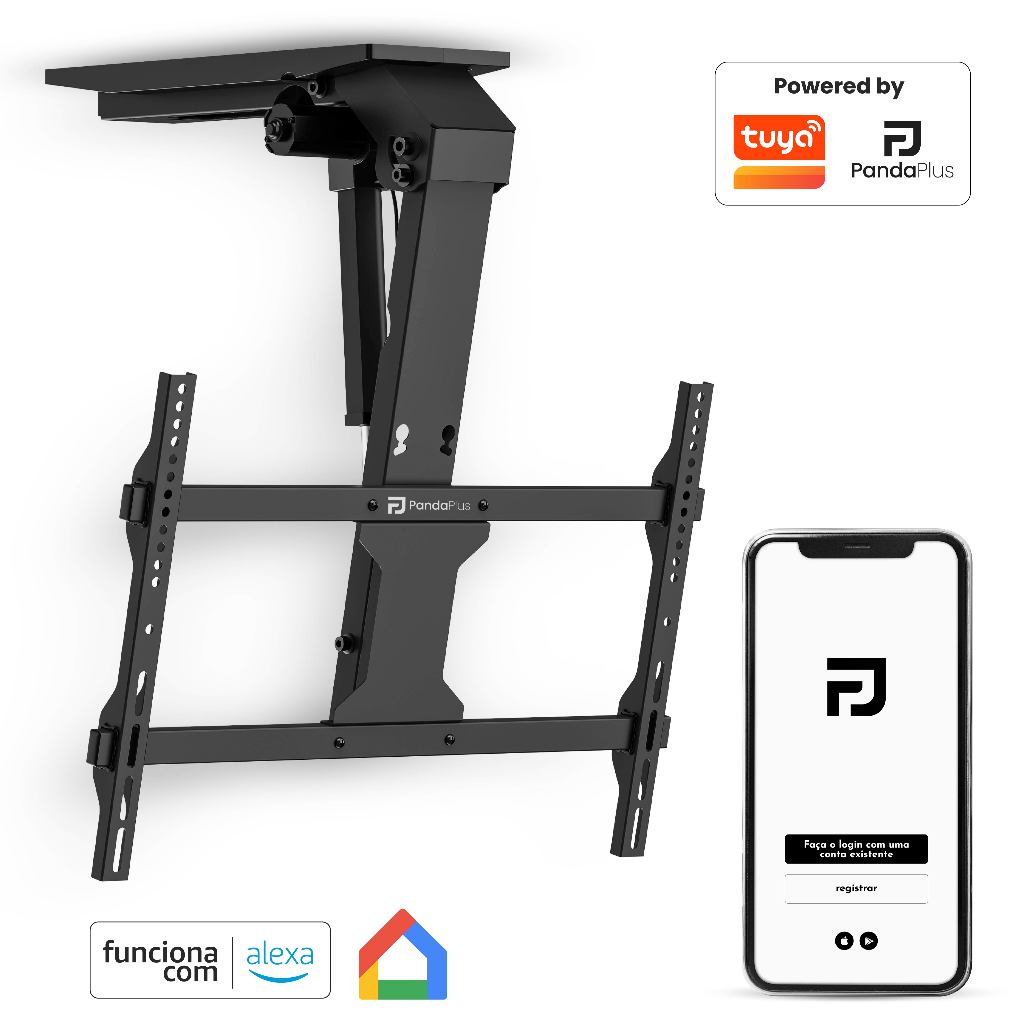 Suporte TV Teto Motorizado 37 a 75 Controle App Wifi Alexa Tuya Smartlife PandaPlus Google Inclinação 80° Suporte Até 45