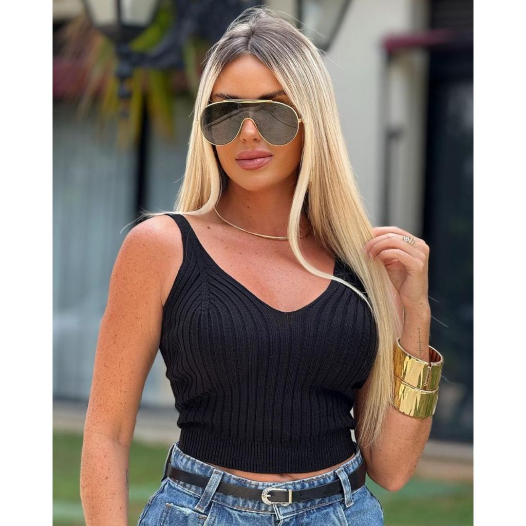 Blusa Cropped Feminina Tricot Canelado Básica Decote U Tricô Alças Confortáveis Verão Elegante