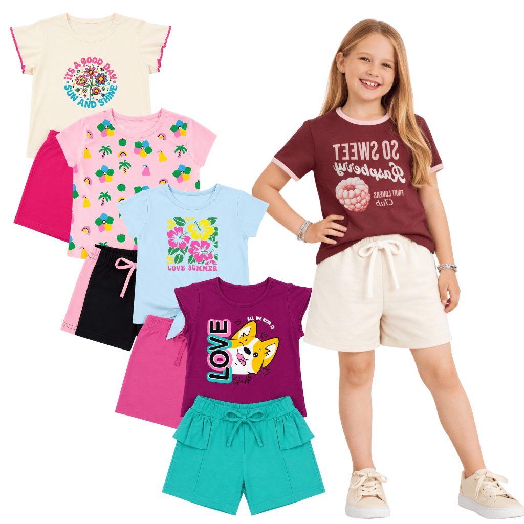 Kit 4 Peças Conjunto Juvenil Menina Verão Feminina l 2 Conjuntos Algodão 10 ao 16