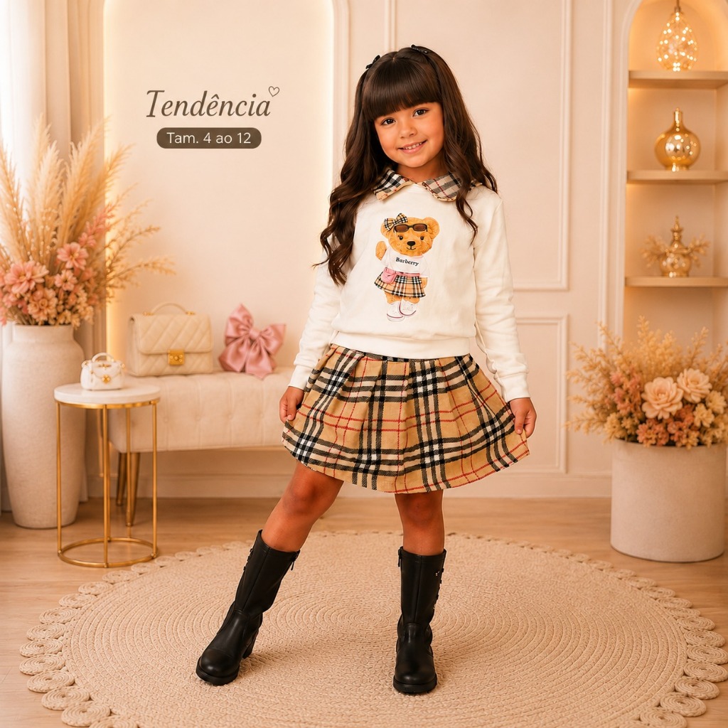 Conjunto Infantil Menina Ursinha Blogueirinha Xadrez Outono Inverno Moletom Flanelado + Short Saia
