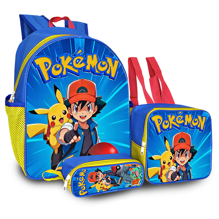 kit escolar Pokémon Mochila costas + Lancheira Térmica + Estojo - grande cabe livros - e cadernos grandes