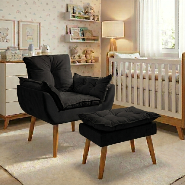 POLTRONA OPALA+PUFF OPALA COM PÉS DE MADEIRA E TECIDO SUEDE PARA QUARTINHO DE BEBE E SALA DE ESTAR PARA AMBIENTE PREMIUM