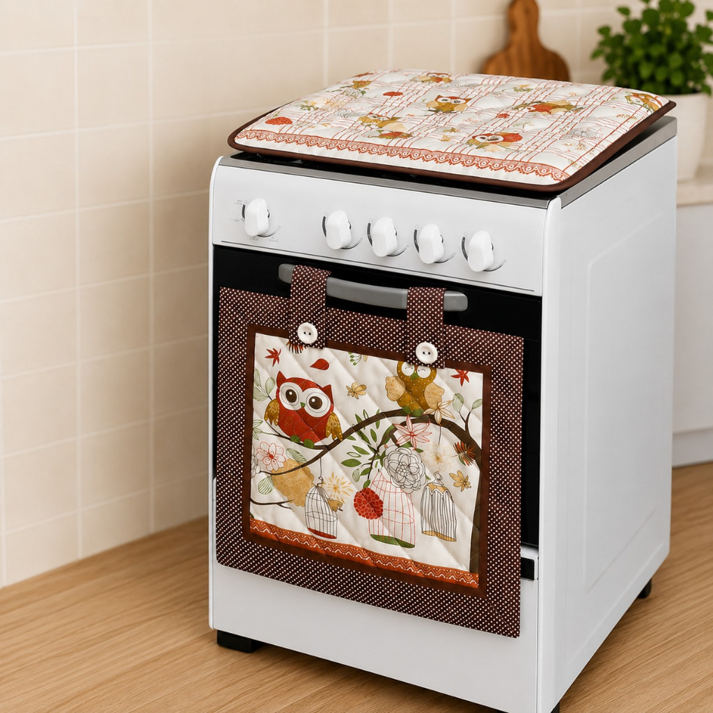 Kit para fogão 5/6  Bocas  Cortina Forno + Capa P/ Tampa Fogão  -  Coruja Mãe