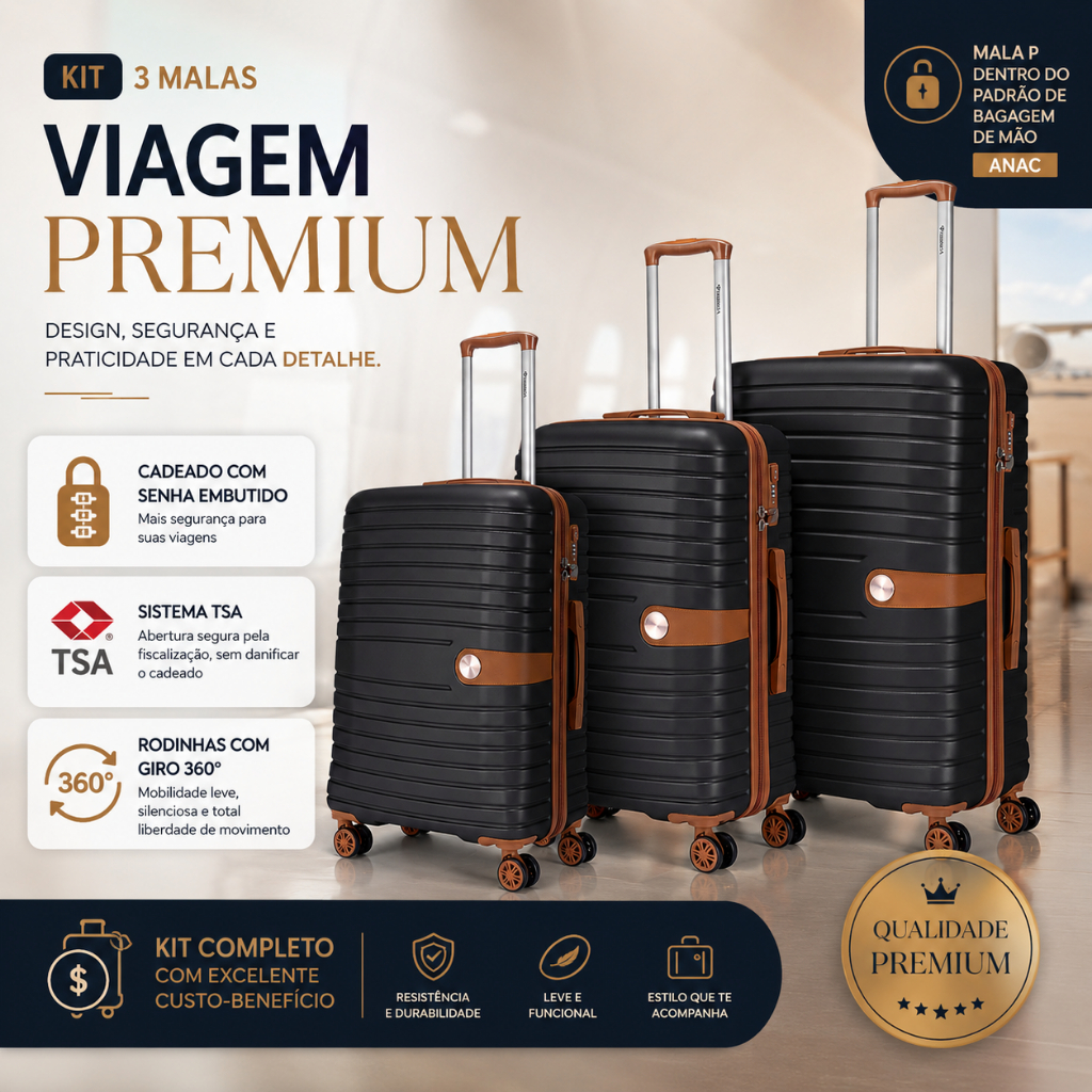 Imagem Kit 3 Malas de Viagem P M G Bordo Primicia ANAC com Cadeado TSA Rodinhas 360° ABS Resistente Rígida