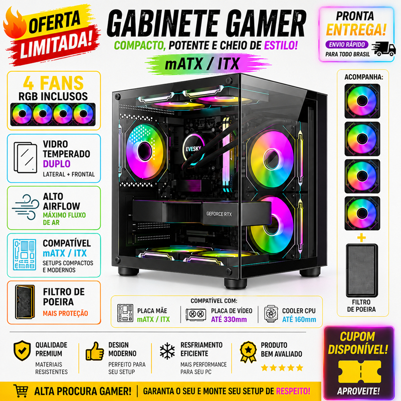 Gabinete Gamer RGB 4 Fans Inclusos | Vidro Temperado Duplo | mATX / ITX | Alto Airflow Compacto