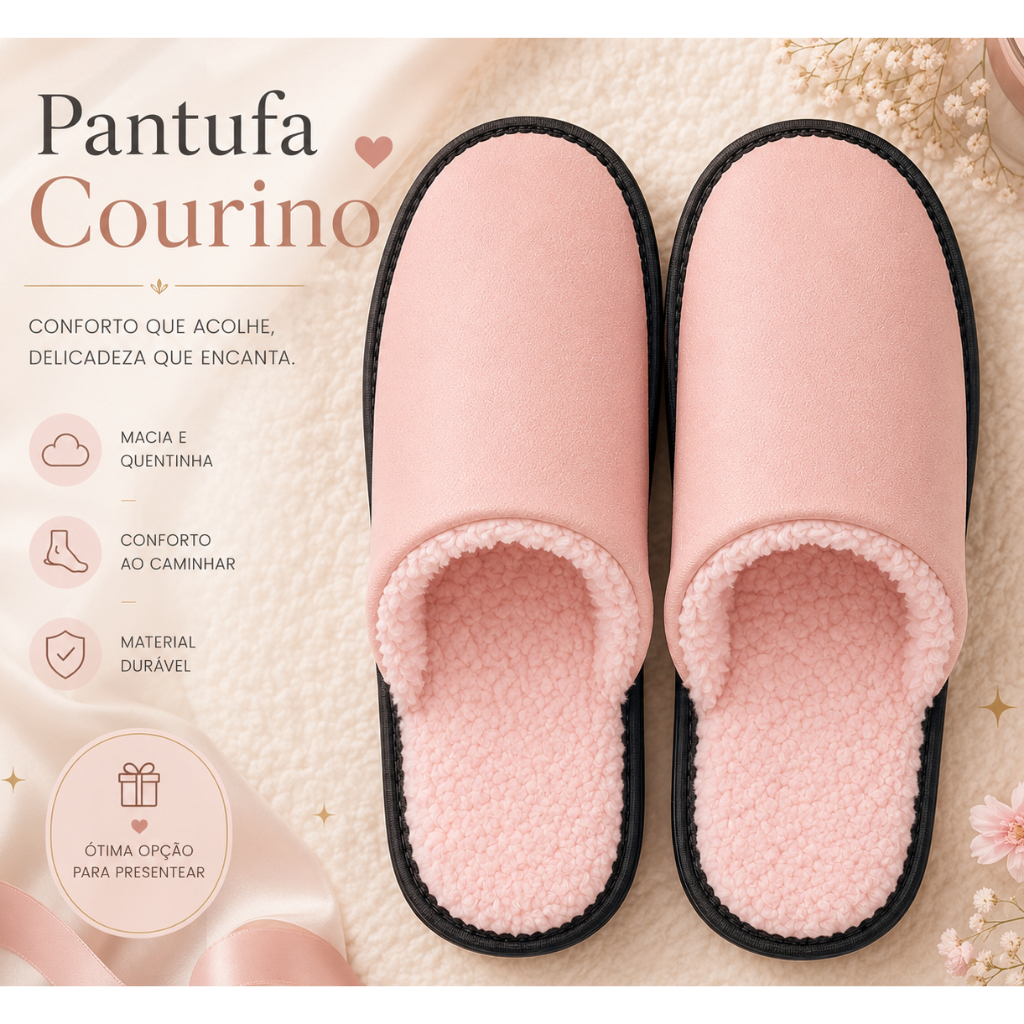 Pantufa Courino Sintético Rosa Feminina Peluciada Quentinha Antiderrapante Inverno Confortável