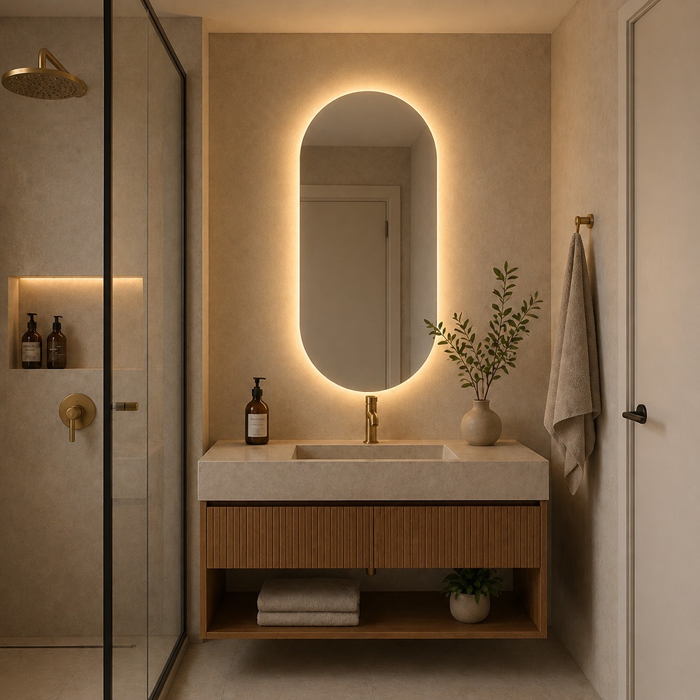 Espelho Orgânico Cápsula 110x50cm com LED Amarelo Grande Decorativo Para Parede