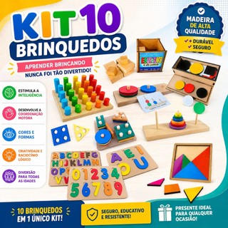 Kit 10 Brinquedos Aprendizado Sensorial Madeira Educativo Pedagógico Autismo TEA