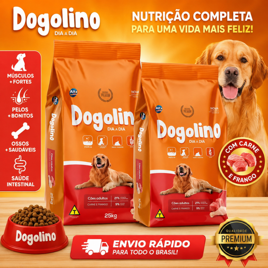 Ração Dogolino Cães Adultos – 15kg ou 25kg | Nutrição Completa e Sabor Incrível!
