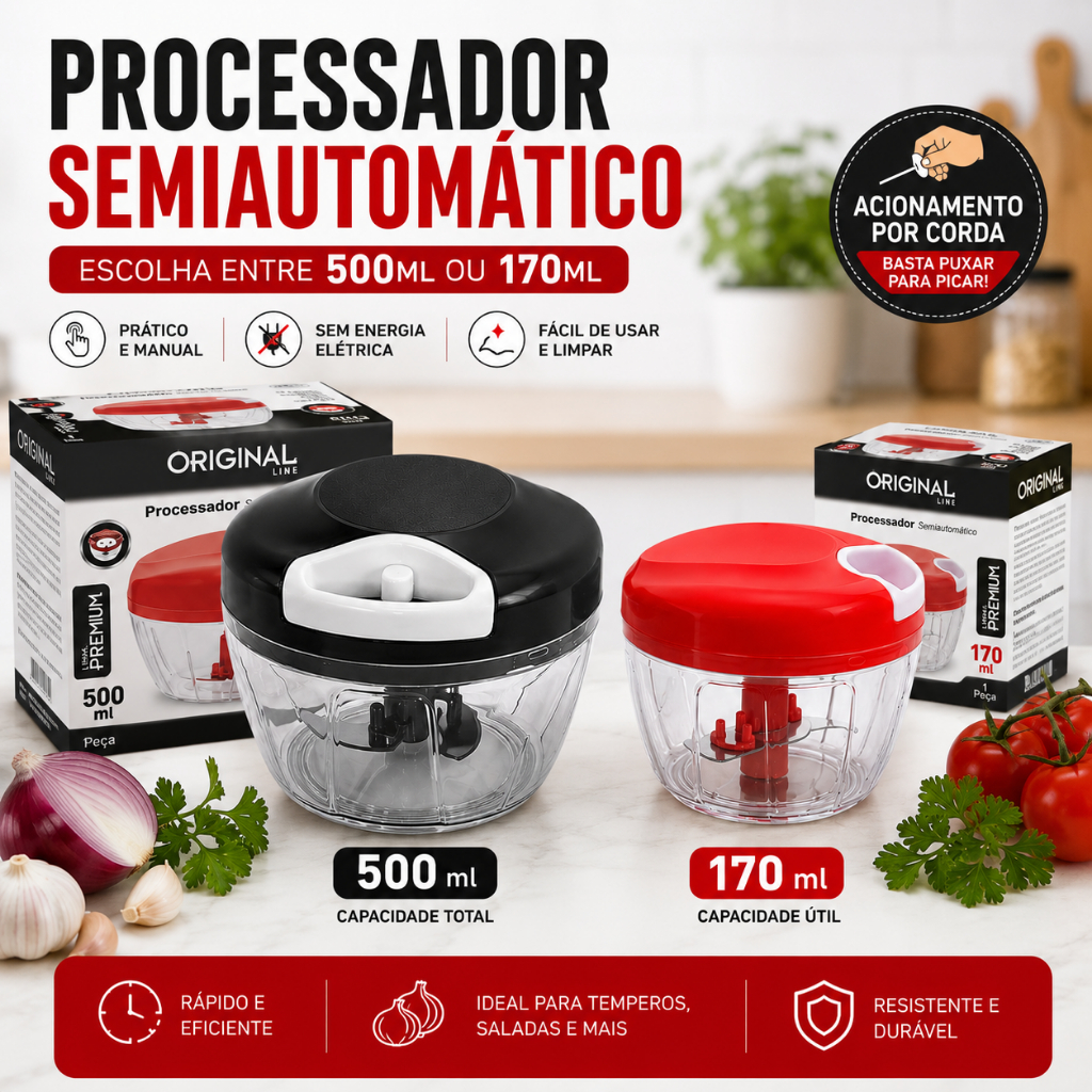 Processador de Alimentos Semiautomático Manual 500ml ou 170ml Triturador Multiuso com Corda