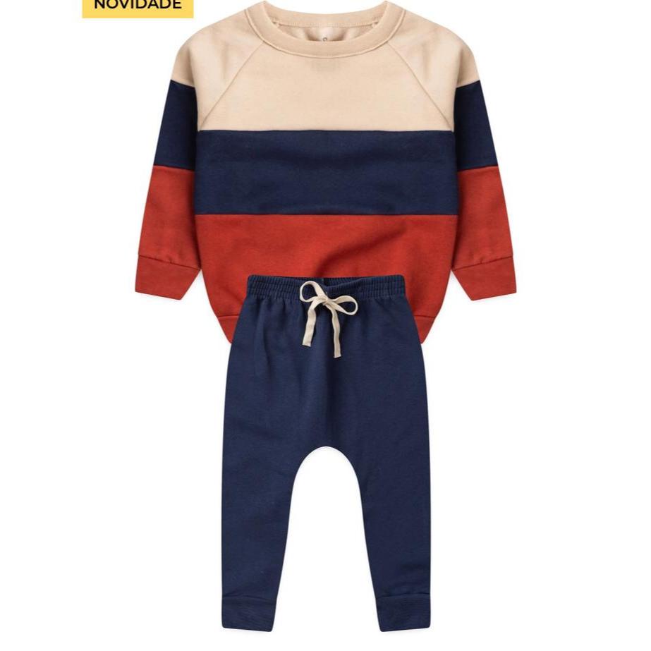 Conjunto Infantil Menino Moletom Peluciado Recortes Azul Ocre