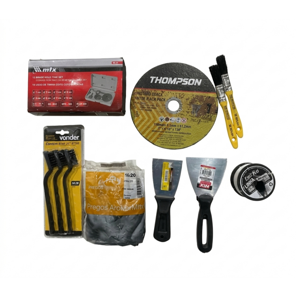 Kit Ferramentas 9 peças Trincha + Jogo Serra Copo + Prego + Espátula + Linha Pedreiro