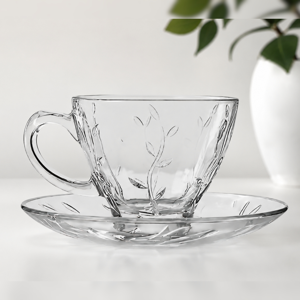 Jogo Xícaras Café Chá Com Pires 220ml 12 Peças Vidro Transparente Resistente Kit Elegante Mesa