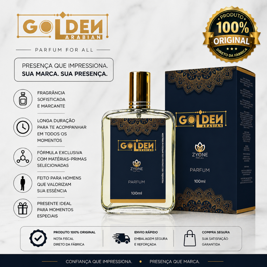Perfume Golden Arabian Unisex Zyone Alta Fixação 25% de Essência Importada Parfum - Kajal Lamar