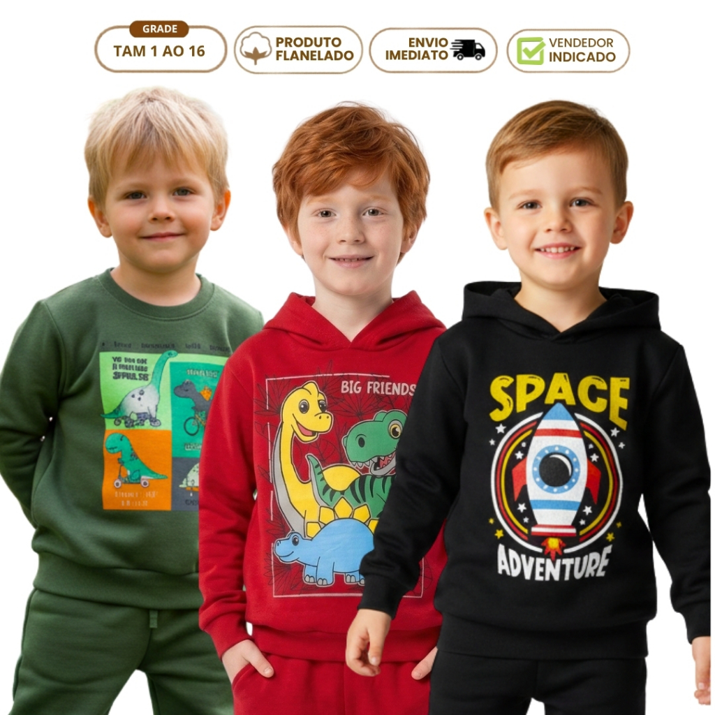 Kit 3 Blusa Moletom Menino Roupa de Inverno Infantil Masculino Casaco Com Capuz e Sem Forrado e Flanelado 1 ao 16 anos