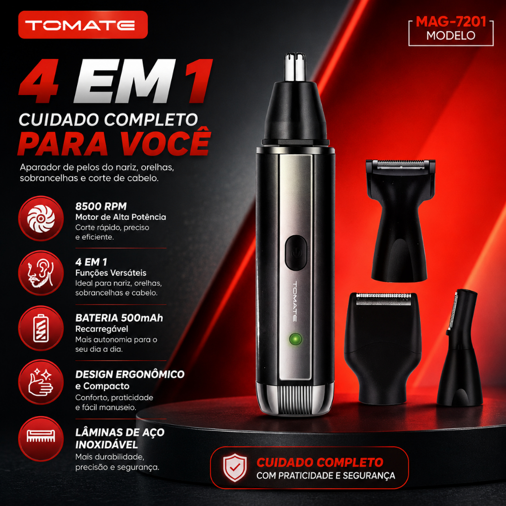 Aparador de Pelos 4 em 1 Recarregável USB Máquina de Acabamento Nariz Barba e Sobrancelha | Tomate