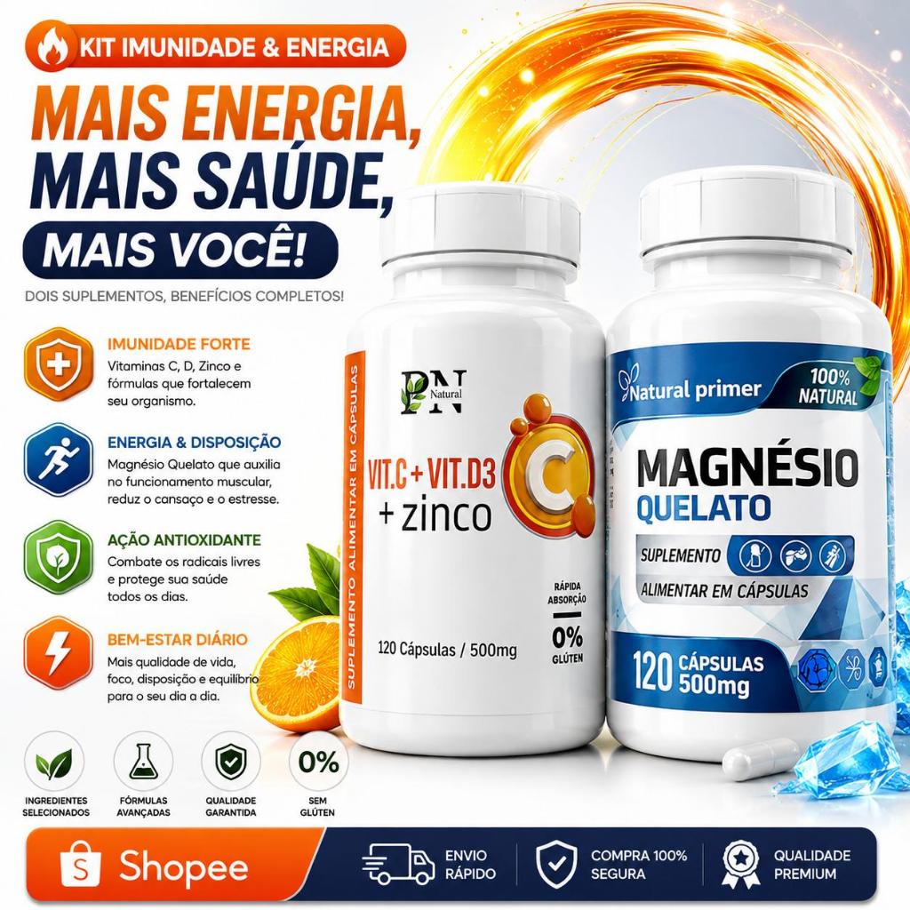 Kit Imunidade e Energia - Magnésio Quelato + Vitamina C, Vitamina D3 e ZINCO 500mg 120 cápsulas