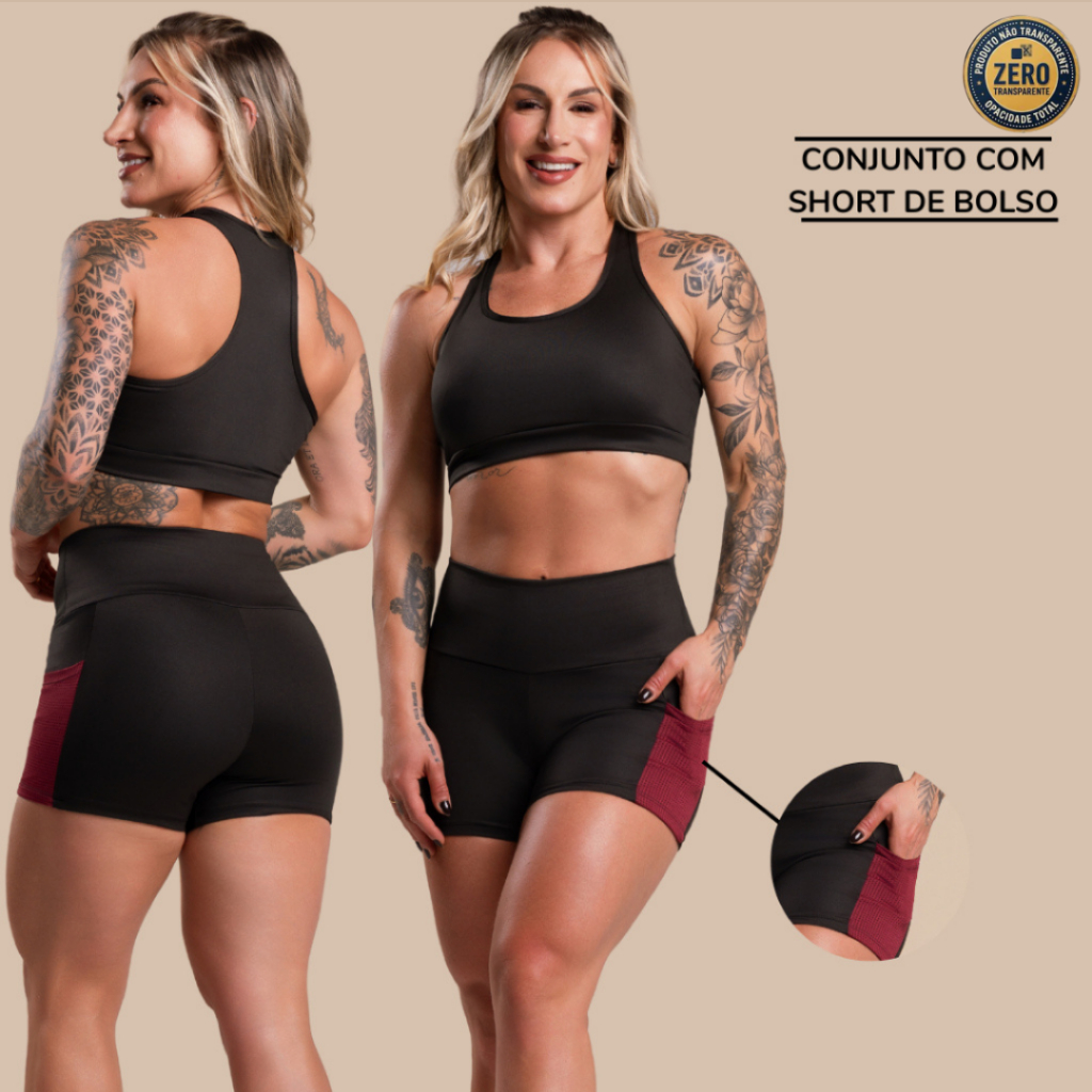 Conjunto Fitness Feminino Short Com Bolso Tela Cintura Alta E Top Nadador Liso Fitness Academia ZERO TRANSPARÊNCIA