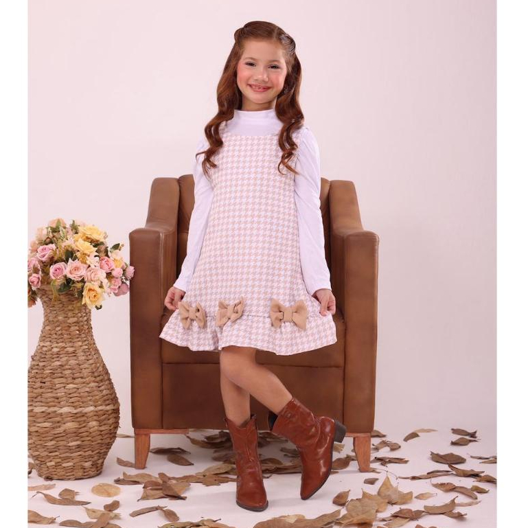 Vestido infantil inverno manga longa xadrez PDP com laços e babado estilo alfaiataria social festa outono Borboletinhas
