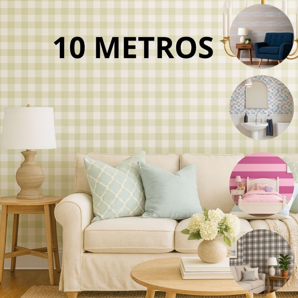 Papel de Parede Adesivo Decoração Quarto Infantil Parede Lavavel Autocolante Listras Xadrez 45cmX10m