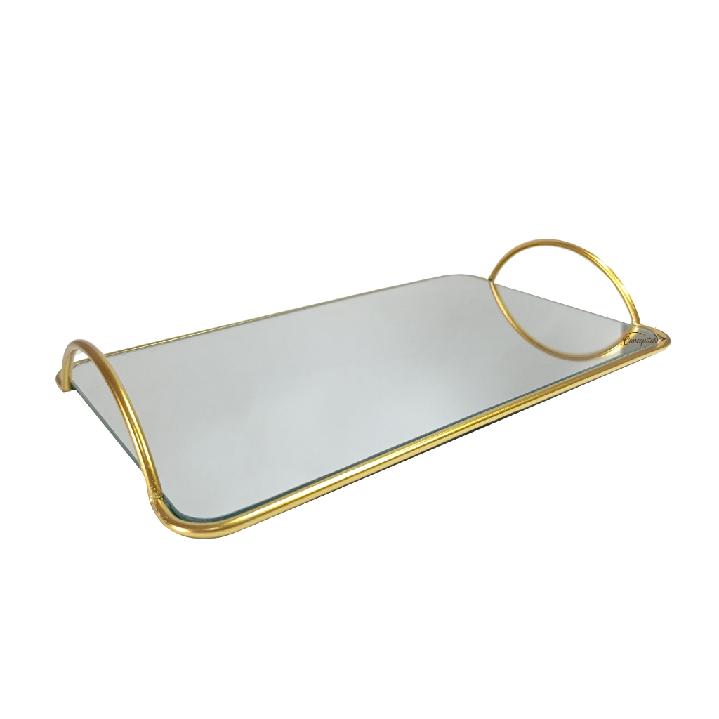 Bandeja de Luxo Espelhada  Orgânica Decorativa Dourada Multiuso Banheiro Lavabo Preta Com Espelho