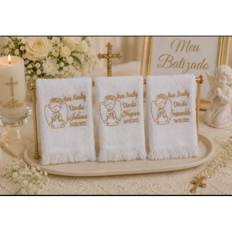 Kit c/ 3 , 5, 6 , 8 , 10 e 12 toalhinhas personalizadas batizado Dinda Dindo Madrinha
