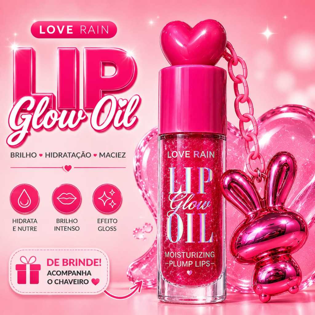 Gloss Labial Lip Glow Oil Com Chaveiro Coelhinho Rosa Glitter Hidratante