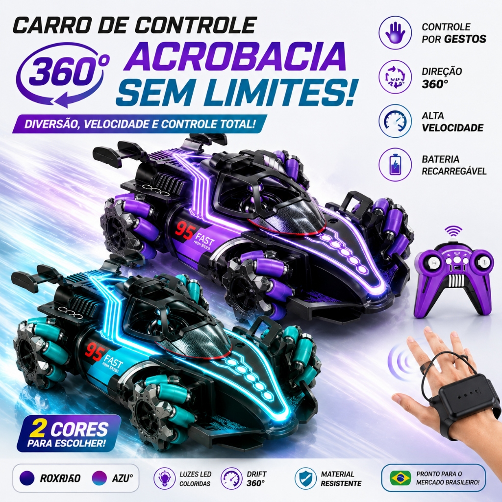 Carrinho RC Drift 360° com Fumaça LED Controle por Gestos 4x4 Recarregável USB Acrobático Infantil