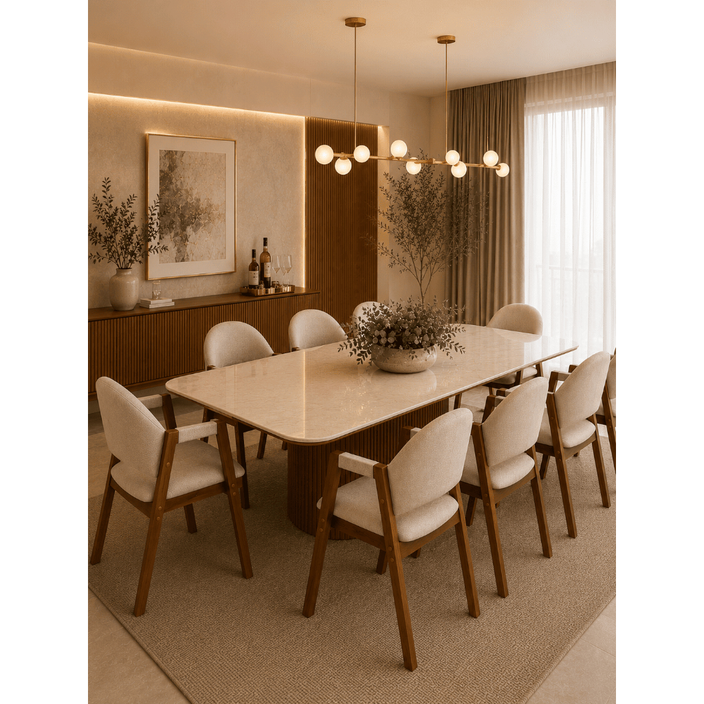 Conjunto 8 Cadeira ísis Sala de Jantar Madeira Maciça Estofado Linho Moderno 75cm