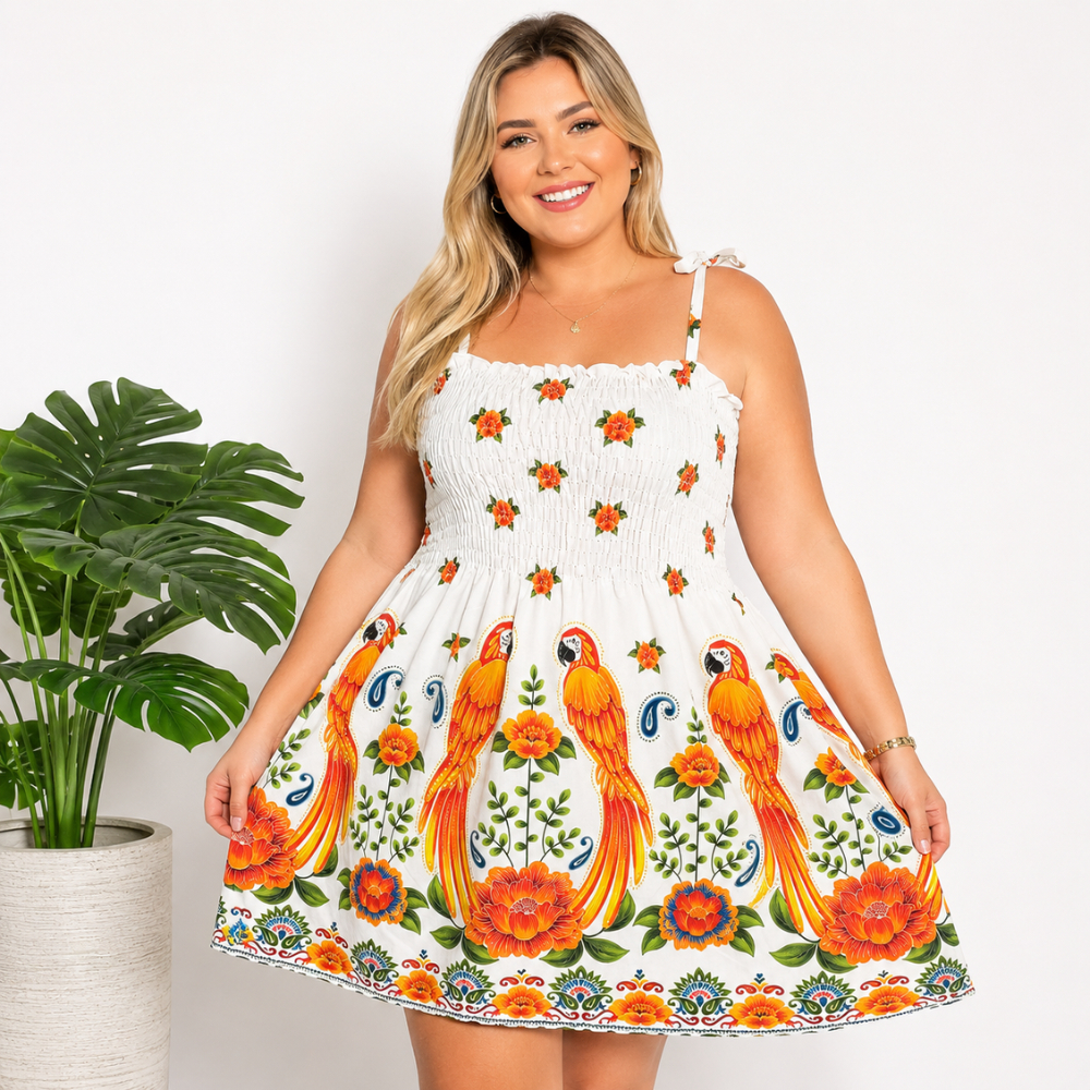 Vestido Feminino Curto Estampado Com Alça De Regulagem e Elastex