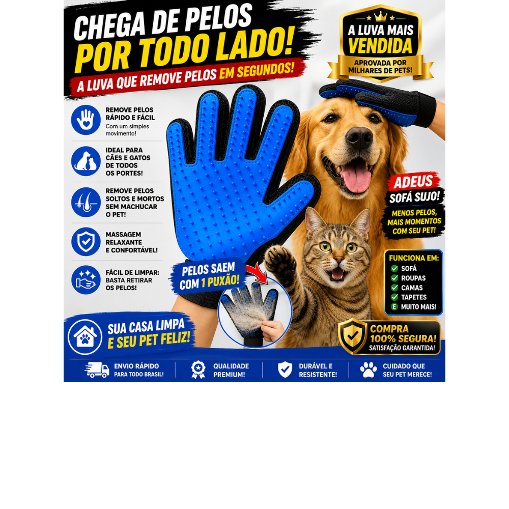 Luva Pet Removedora de Pelos Cães e Gatos Escova Tira Pelo Massageadora Anti Pelos Fácil Limpeza Reutilizável