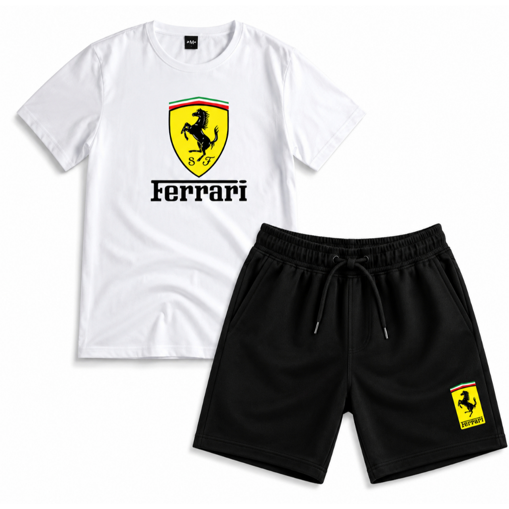 Conjunto Infantil Básico Estiloso – Camiseta Ferrari + Short Estampado Confortável