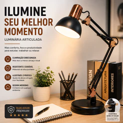 Luminária de Mesa Articulada Pixar com Base ou Garra 2 em 1 Abajur Flexível LED para Escritório