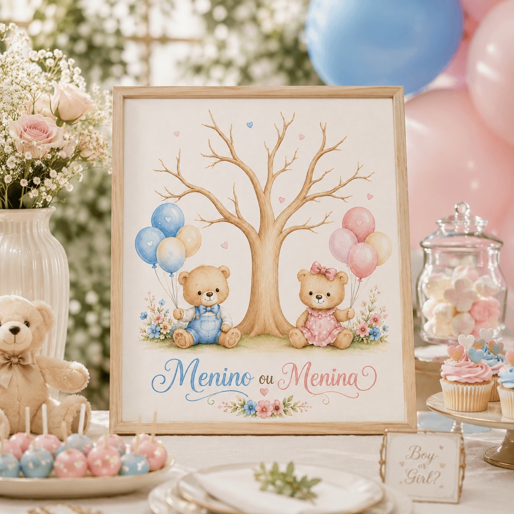 Quadro Personalizado Chá Revelação Menino ou Menina Ursinhos Fofo 🎈🩷💙