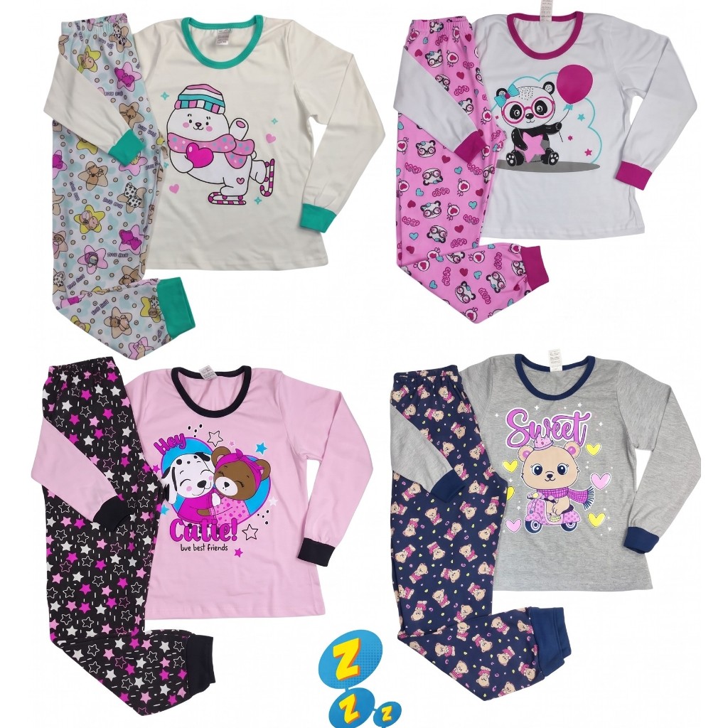 Pijama Manga longa Menina Infantil 100% Algodão Estampado Inverno Roupa de Dormir Envio Imediato