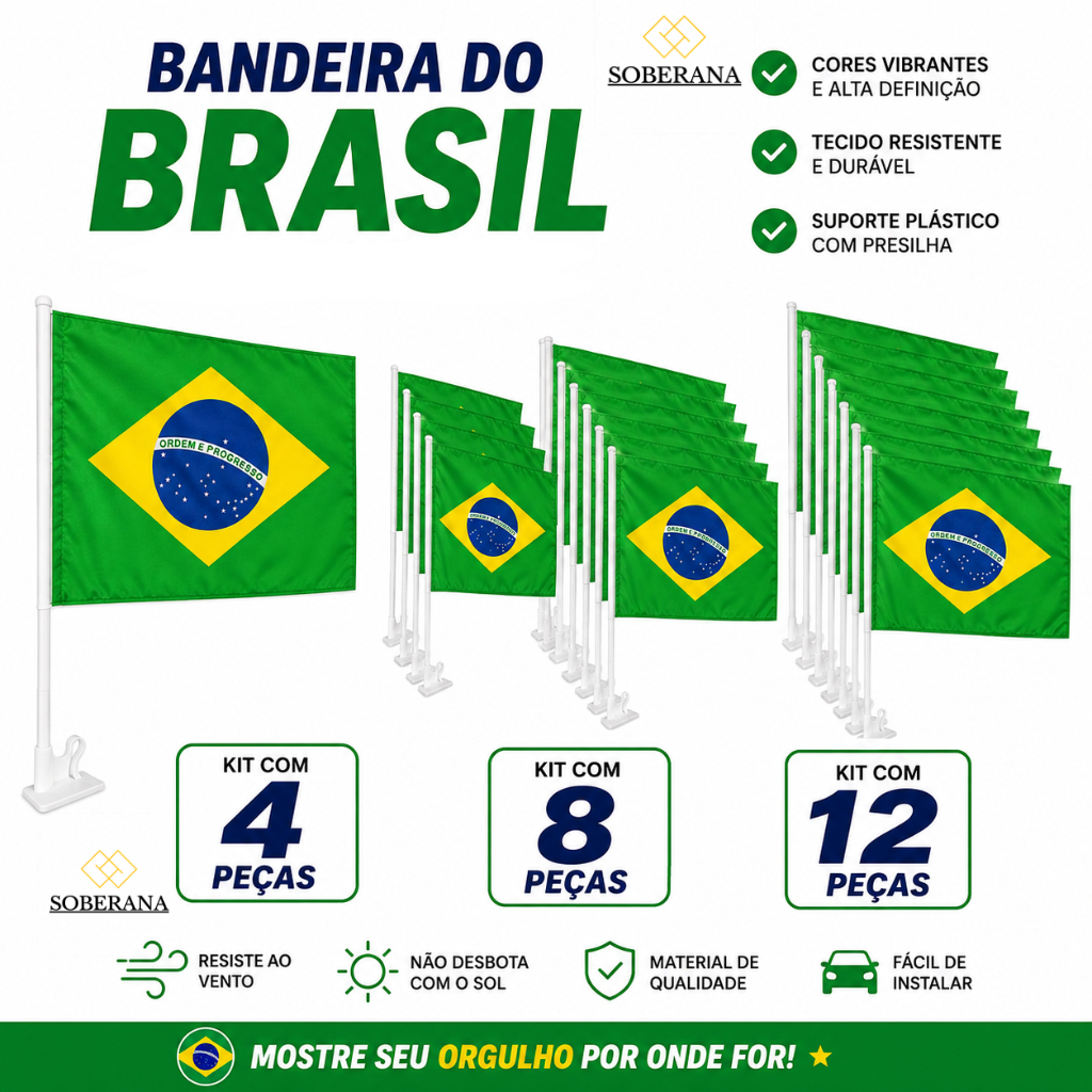 Kit Bandeiras de Mão Grande 41x30cm com Haste para Carro Mesa Copa do Mundo Bandeirinha do Brasil