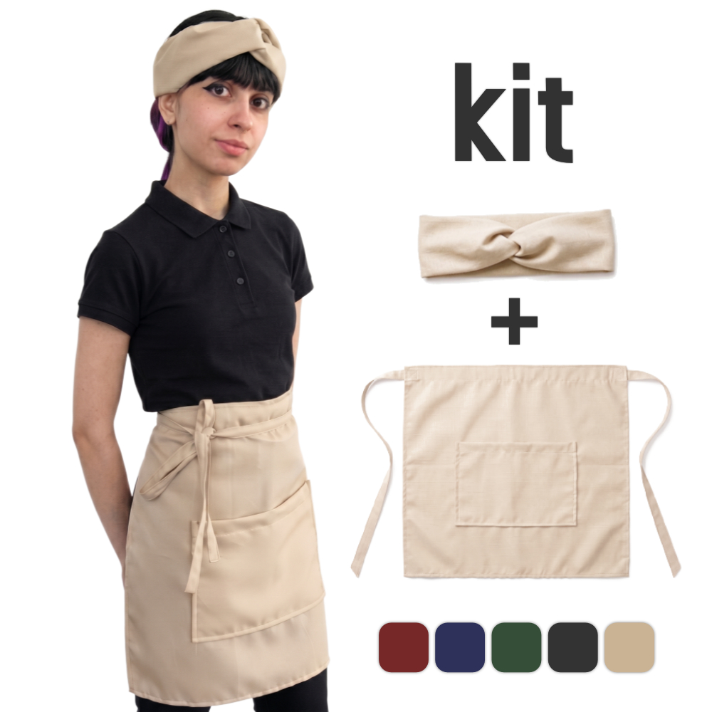 Meio Avental de Cintura com Bolso + Turbante em Oxford Ajustável Feminino Uniforme Restaurante