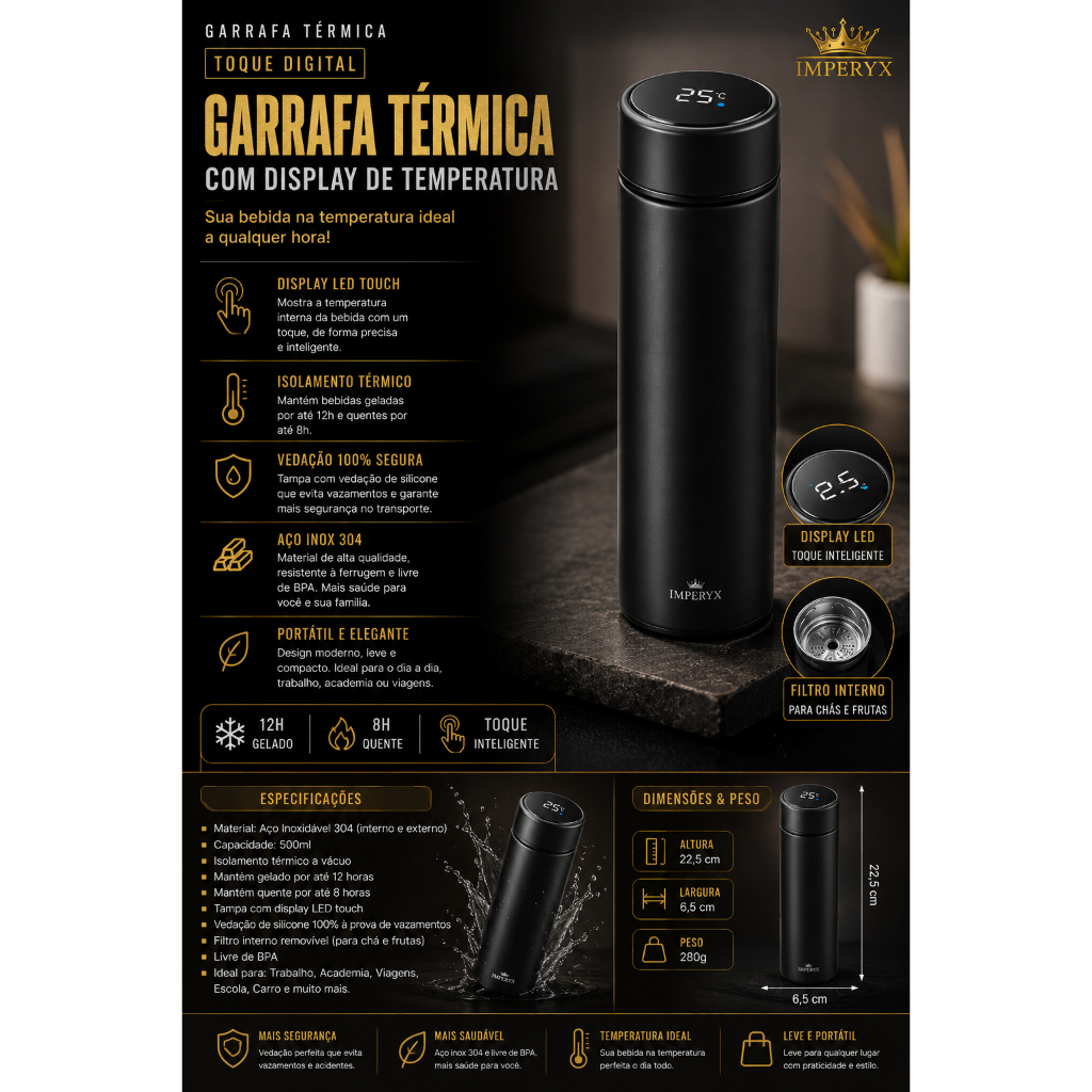 Garrafa Térmica Inteligente com Display de Temperatura LED | Mantém Quente e Frio por Horas | Aço Inox Premium
