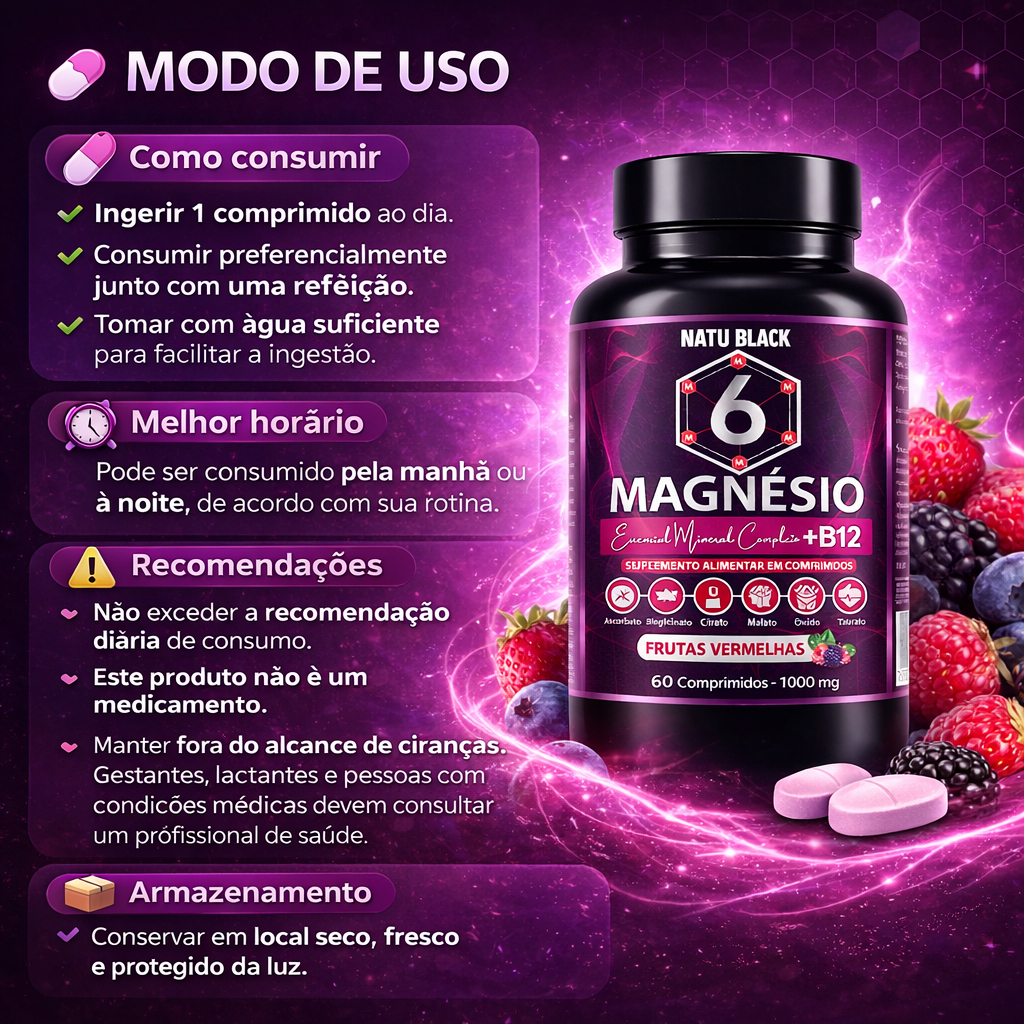 MAGNÉSIO 6 TIPOS + B12 MELTICOBALAMINA Sabor Frutas Vermelhas 60 Comprimidos - POTE PARA 60 DIAS USO — imagem 2 de 2