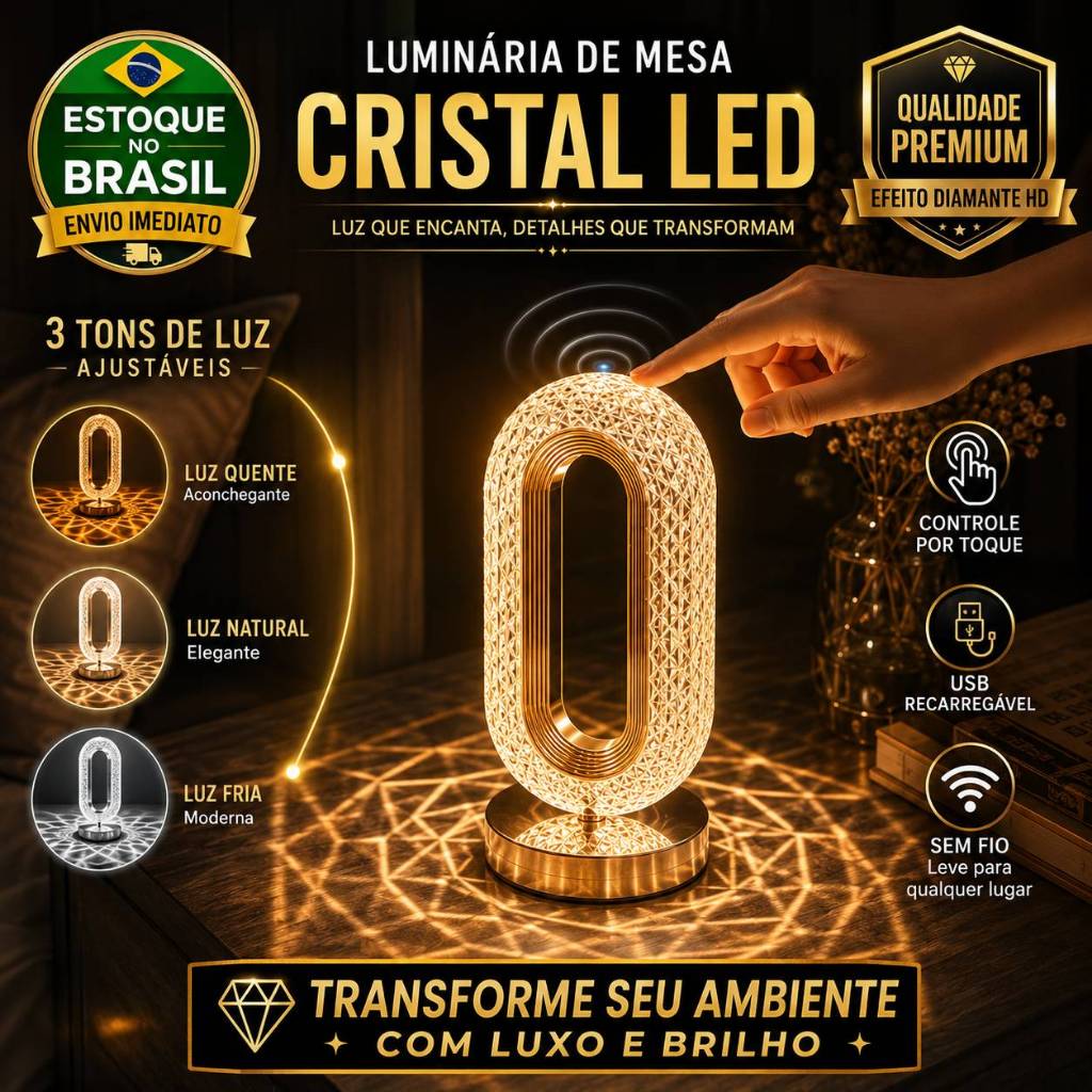 Abajur de Cabeceira de Cristal LED Luxuoso com 3 Tons Ajustáveis, Luminária para Decoração de Casa e Quarto