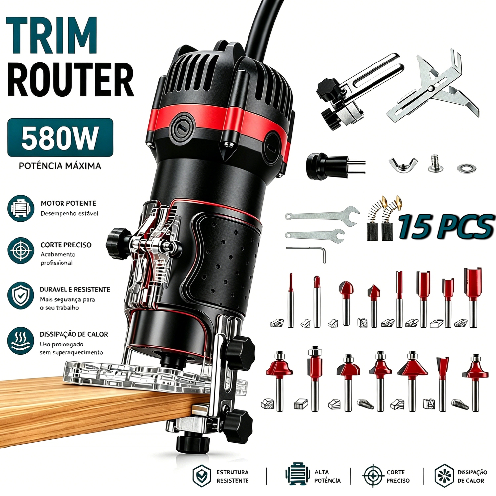 100V/220V Tupia 580/800W Profissional 6mm | Kit 22 Fresas e Acessórios para Madeira, MDF e PVC