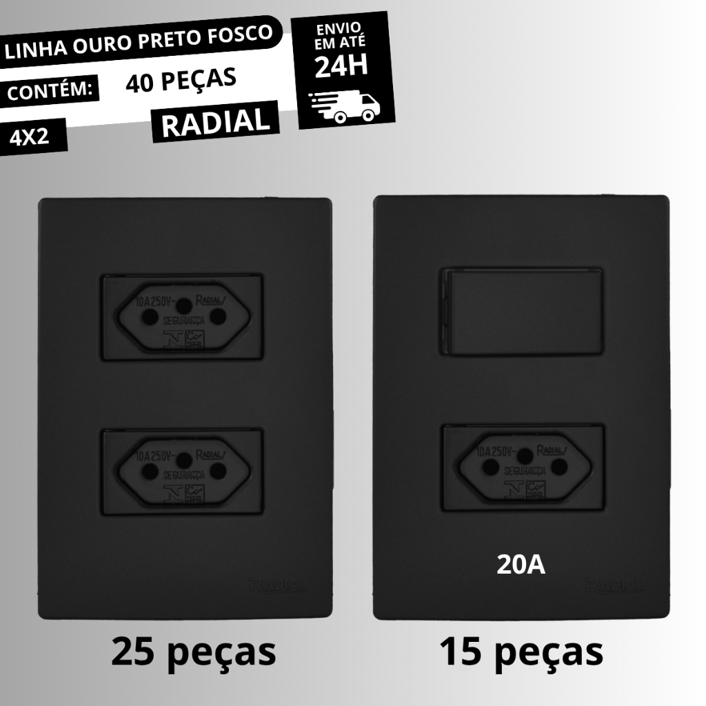 Kit 25 Tomadas Duplas 10A + 15 Inter. Simples + Tomada 20A Linha Ouro Preto Fosco RADIAL
