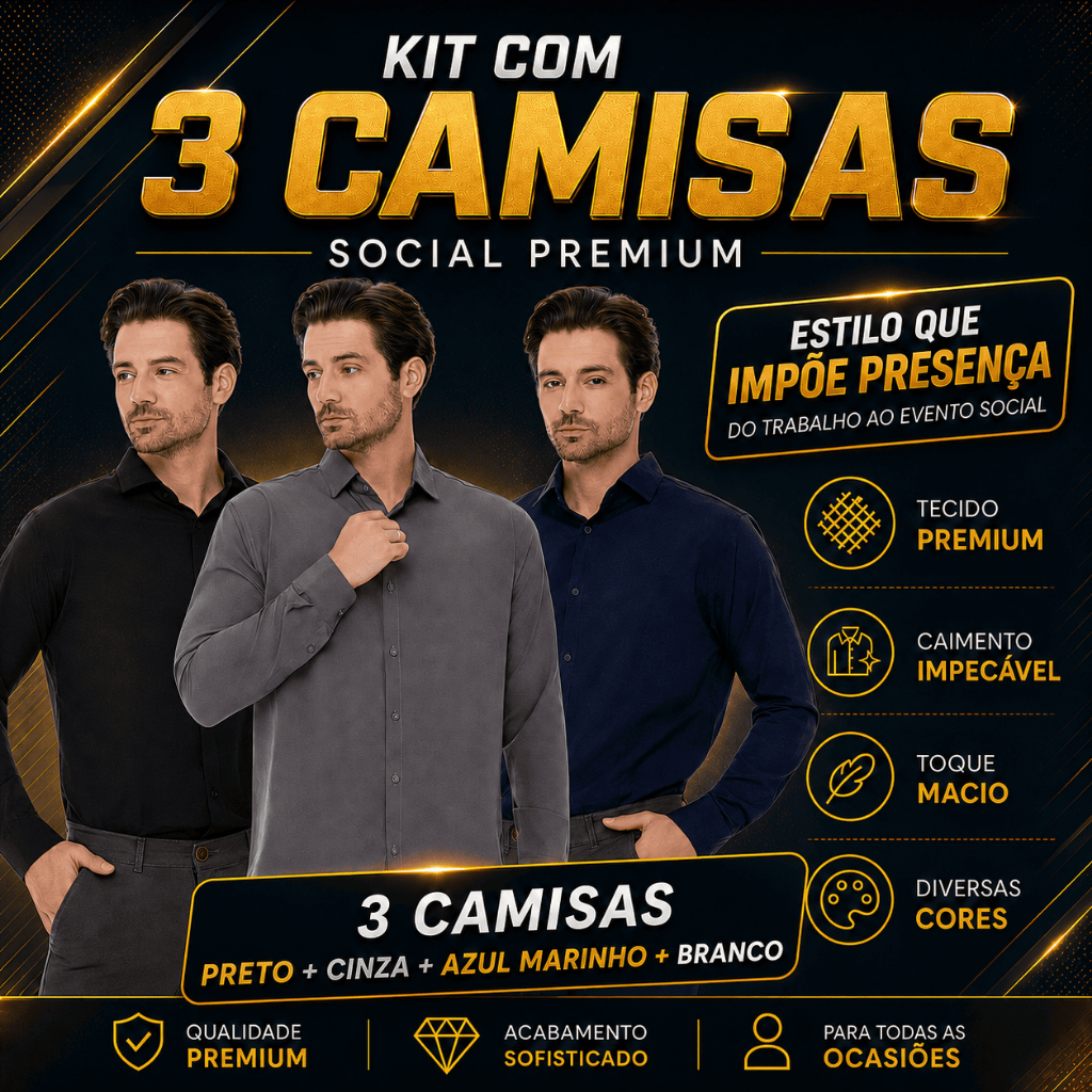 Kit 3 Camisa Social Masculina Manga Longa Slim Fit Elegante Casual Trabalho Premium Passa Fácil