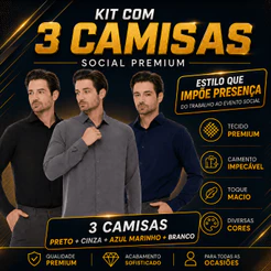 Kit 3 Camisa Social Masculina Manga Longa Slim Fit Elegante Casual Trabalho Premium Passa Fácil