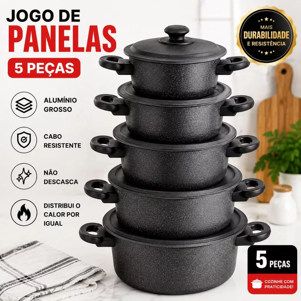 JOGO DE PANELA ALUMÍNIO 5 PEÇAS; NÃO DESCASCA; REFORÇADA; COZIMENTO RÁPIDO.