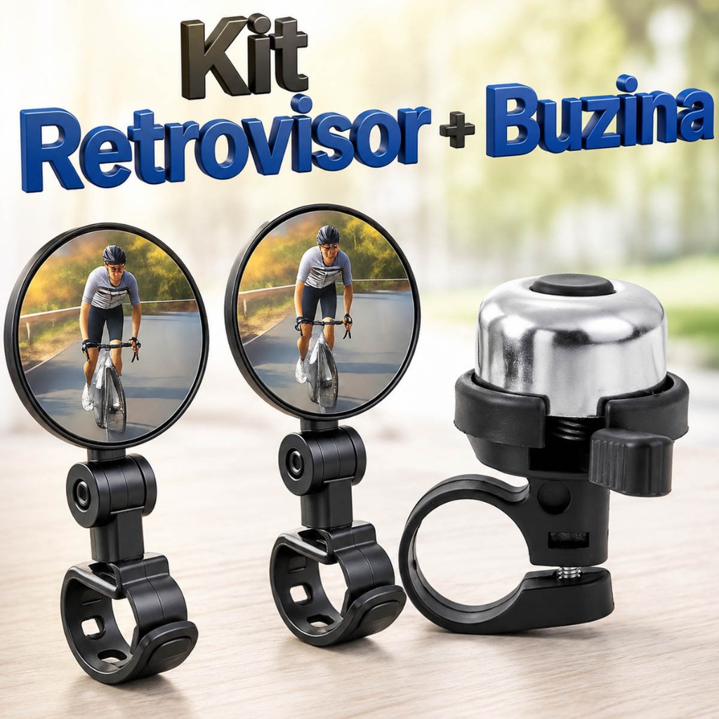Kit 2 Espelho Retrovisor 360º Giratório Para Bike + Buzina De Bicicleta Trim Trim Cromada Campainha