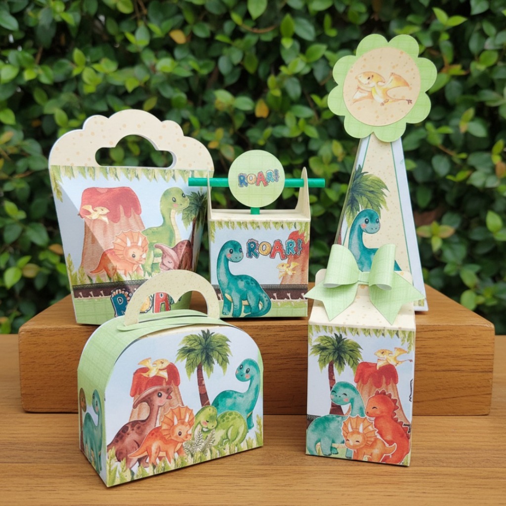 KIT DE ANIVERSÁRIO CAIXINHAS PERSONALIZADAS-DINO BABY-LEMBRANCINHA-FESTA-PEGUE E MONTE-BATIZADO-MIMO