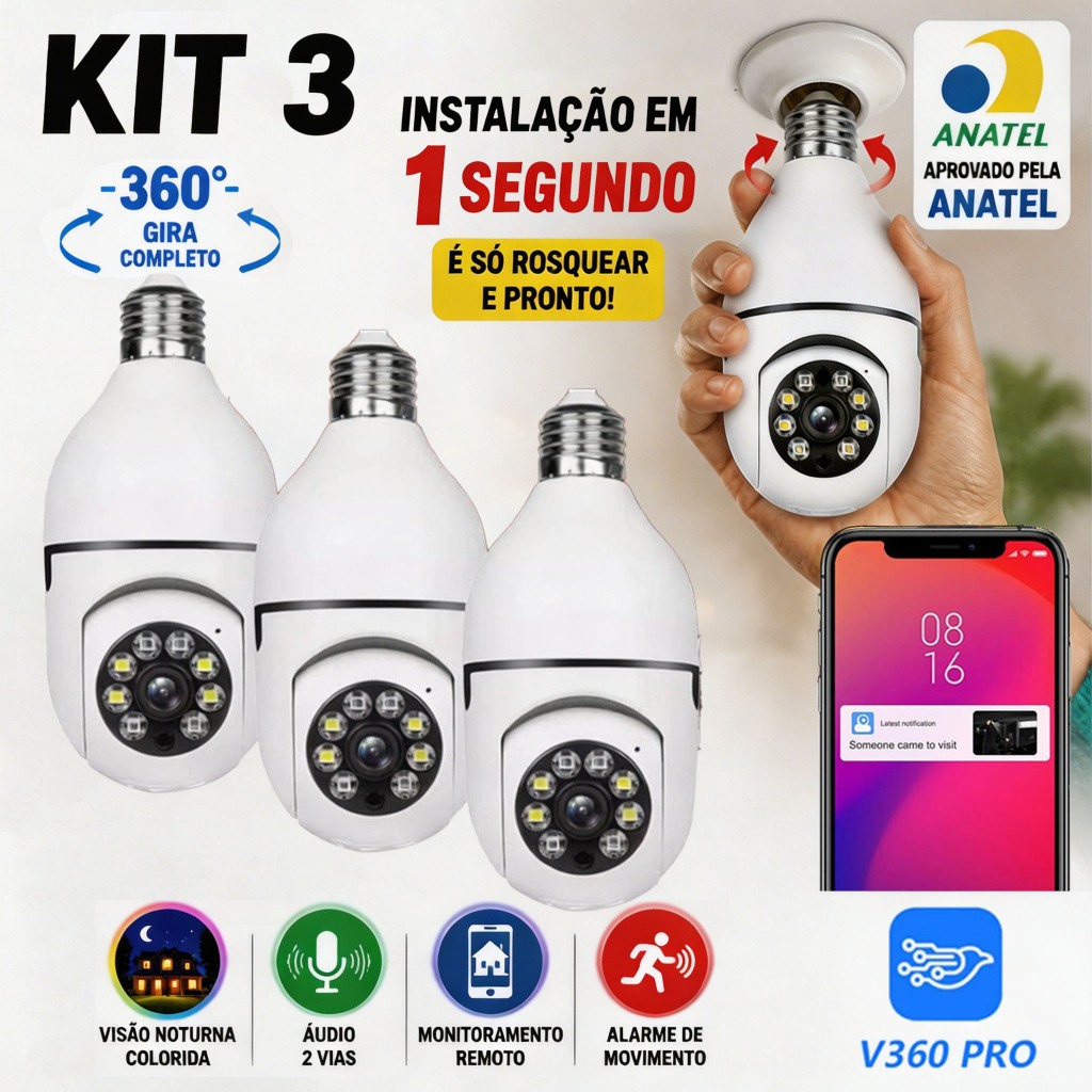 Kit 3 Câmeras Segurança WiFi 2.4G 360 Graus Encaixe Lampada App PTZ Full HD Visão Noturna