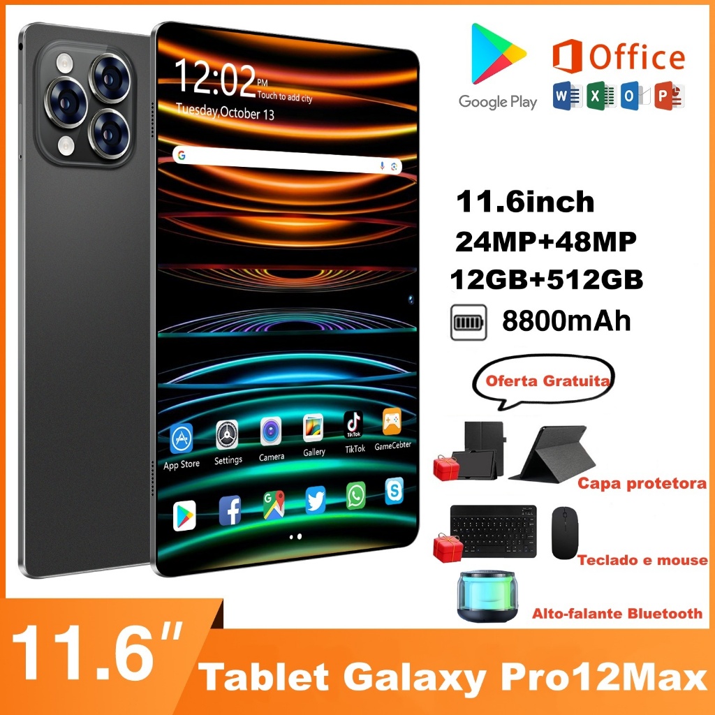 【Teclado e mouse gratuitos】Tablet Pro12 Max 12 GB de RAM + 512 GB de ROM Tela HD de 11,6 polegadas Android5G