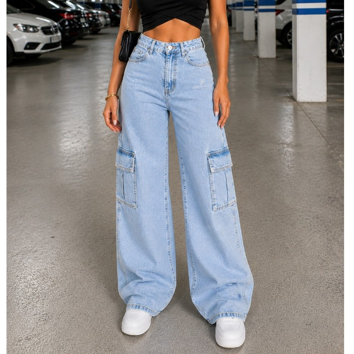 Calça Wide Leg CARGO Jeans Feminina Cintura Alta pantalona